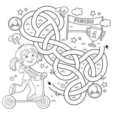 Labirent ya da Labirent Oyunu. Bulmaca. Karışık yol. Scooter 'ı olan çizgi film kızlarının ana hatlarını boyamak. Spor aktivitesi. Çocuklar için boyama kitabı.