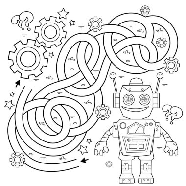 Labirent ya da Labirent Oyunu. Bulmaca. Karışık yol. Vitesli çizgi film robotunun ana hatlarını boyama. Çocuklar için boyama kitabı.