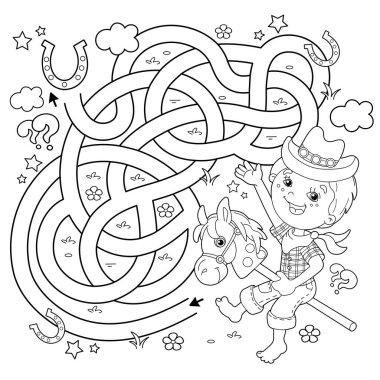 Labirent ya da Labirent Oyunu. Bulmaca. Karışık yol. Çizgi film karakterinin boyama sayfasında oyuncak atla kovboyculuk oynuyordu. Ev işleri, temizlik, çocuklar için boyama kitabı..