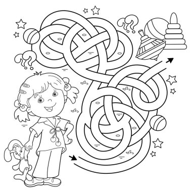 Labirent ya da Labirent Oyunu. Bulmaca. Karışık Yol. Çizgi filmdeki oyuncaklı kızın ana hatlarını boyamak. Çocuklar için boyama kitabı.