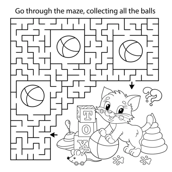 Labirent ya da Labirent Oyunu. Bulmaca. Çizgi filmdeki oyuncaklı küçük kediyi boyama sayfası. Yavru kedi. Çocuklar için boyama kitabı.