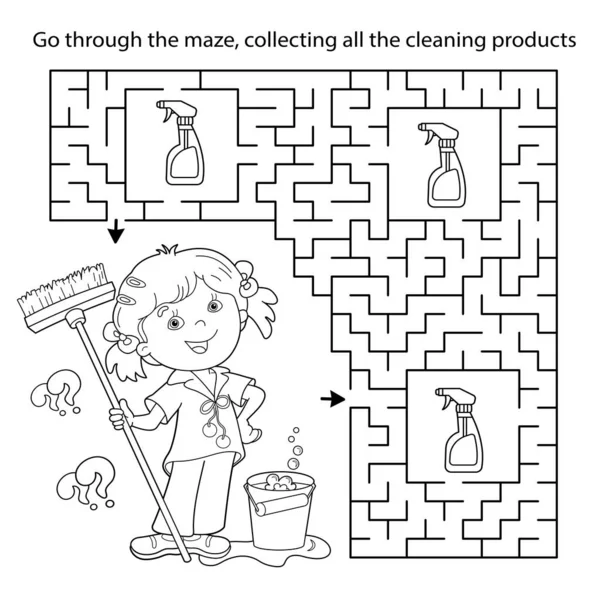 Labirent ya da Labirent Oyunu. Bulmaca. Çizgi film kızı kova ve paspasla renklendirme sayfası. Ev işleri, temizlik, çocuklar için boyama kitabı..