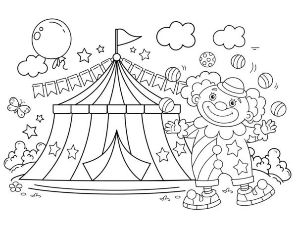 Kleurplaat Overzicht Van Cartoon Clown Met Kleurrijke Ballen Circus Kleurboek — Stockvector