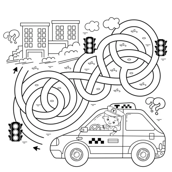 Labyrinthe Jeu Labyrinthe Puzzle Route Embrouillée Coloriage Aperçu Chauffeur Taxi — Image vectorielle