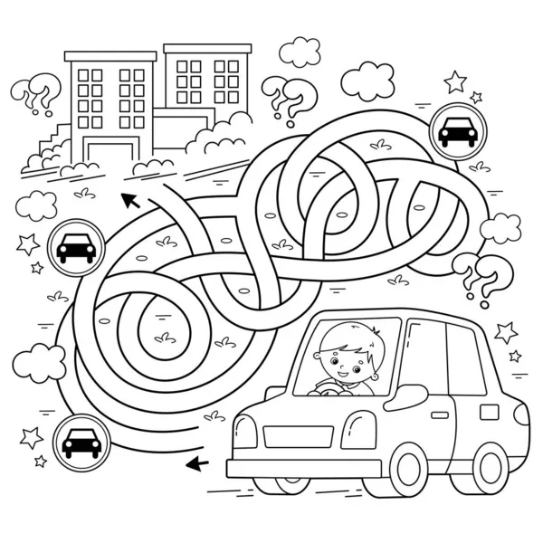 Labyrinthe Jeu Labyrinthe Puzzle Route Embrouillée Coloriage Aperçu Voiture Dessin — Image vectorielle