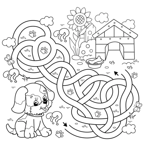 메이즈나 주둥이 뒤엉킨 Coloring Page Outline Cartoon Little Dog Doghouse — 스톡 벡터