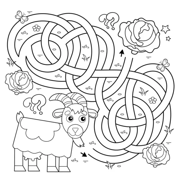 迷宫或迷宫游戏 交通堵塞 卷心菜卡通山羊的着色轮廓 农场动物 儿童彩色书 — 图库矢量图片