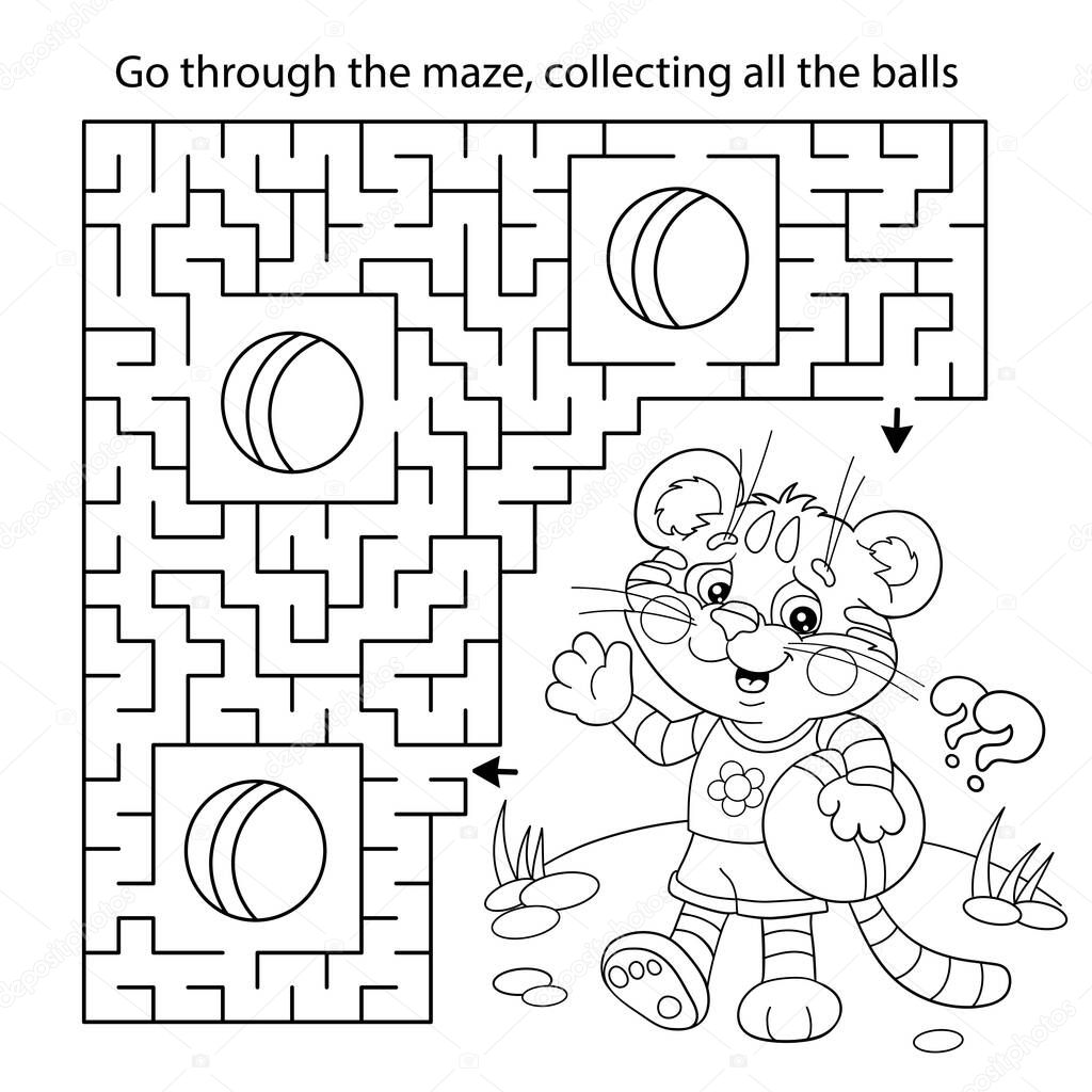 Maze or Labyrinth Game. Puzzle. Coloring Page Outline Of cartoon little tiger cub with ball. Coloring book for kids.