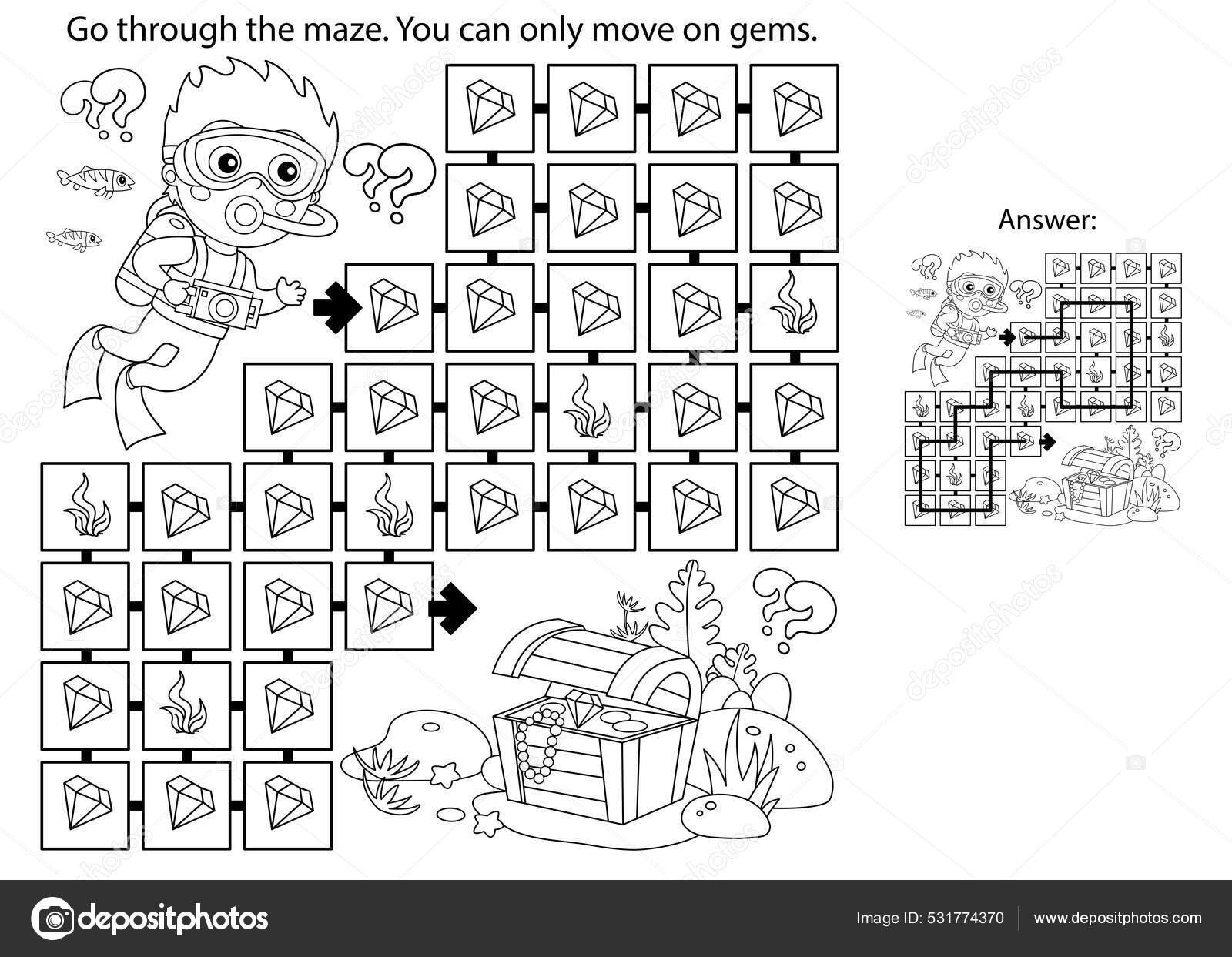 Maze Labyrinth Game Puzzle Coloring Page Outline Cartoon Boy Scuba Stock Vector by ©Oleon17 531774370