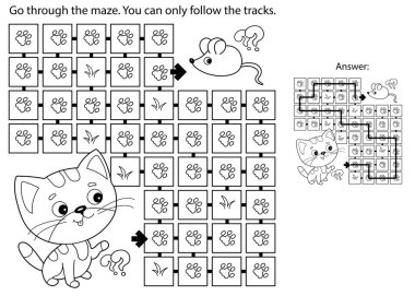 Labirent ya da Labirent Oyunu. Bulmaca. Fare ile çizgi film kedisinin ana hatlarını boyamak. Çocuklar için boyama kitabı.