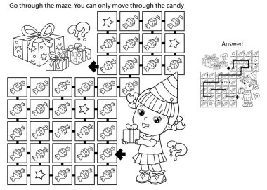 Labirent ya da Labirent Oyunu. Bulmaca. Çizgi filmdeki hediyeli küçük kızın ana hatlarını boyamak. Doğum günü. Çocuklar için boyama kitabı.