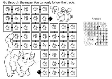 Labirent ya da Labirent Oyunu. Bulmaca. Sosisli çizgi film kedisinin boyama sayfası. Çocuklar için boyama kitabı.