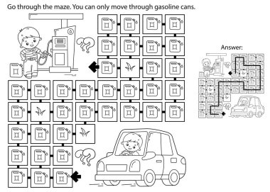 Labirent ya da Labirent Oyunu. Bulmaca. Benzin istasyonunda şoförü olan çizgi film arabasının ana hatlarını boyamak. Taşıyıcı ya da araç. Çocuklar için boyama kitabı.