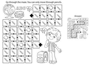 Labirent ya da Labirent Oyunu. Bulmaca. Okul malzemeleriyle çizgi film çizen çocuğun ana hatlarını boyamak. Çocuklar için boyama kitabı.