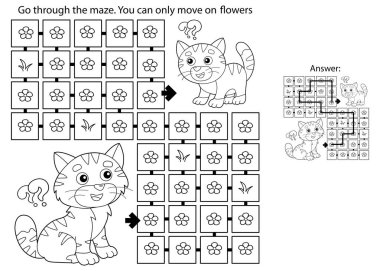 Labirent ya da Labirent Oyunu. Bulmaca. Kedili çizgi film kedisinin ana hatlarını boyama sayfası. Çocuklar için boyama kitabı.