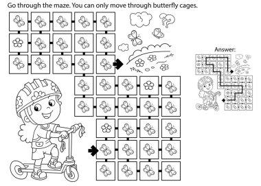Labirent ya da Labirent Oyunu. Bulmaca. Scooter 'ı olan çizgi film kızlarının ana hatlarını boyamak. Spor aktivitesi. Çocuklar için boyama kitabı.