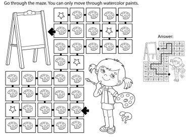 Labirent ya da Labirent Oyunu. Bulmaca. Boyalı ve fırçalı çizgi film kızlarının ana hatlarını boyamak. Şövaleli küçük bir sanatçı. Çocuklar için boyama kitabı.