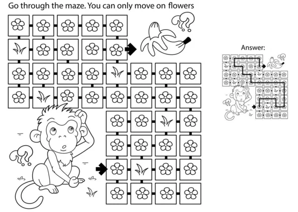 Labyrinthe Jeu Labyrinthe Puzzle Coloriage Contour Dessin Animé Petit Singe — Image vectorielle