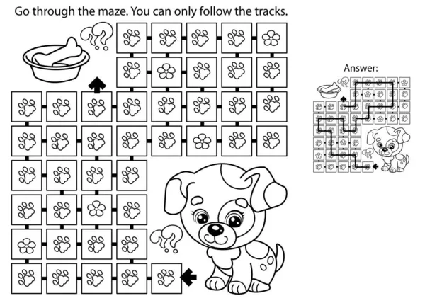 Labyrinthe Jeu Labyrinthe Puzzle Coloriage Contour Dessin Animé Petit Chien — Image vectorielle