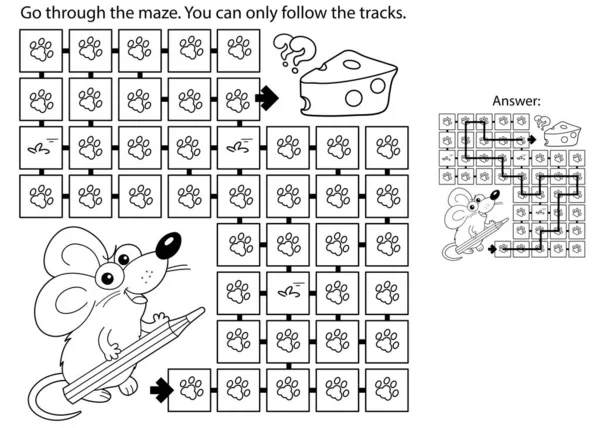 迷宫或迷宫游戏 用铅笔给卡通画鼠标配色 收集所有的奶酪 儿童彩色书 — 图库矢量图片