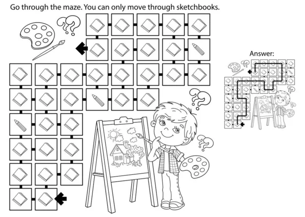 迷宫或迷宫游戏 用画笔和颜料给卡通人物配色 带画架的小画家儿童彩色书 — 图库矢量图片
