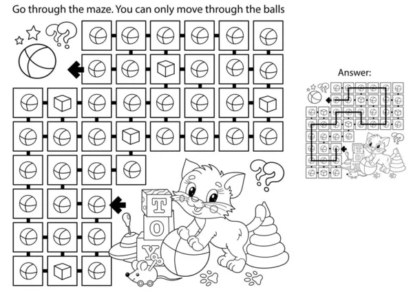Labyrint Nebo Labyrint Puzzle Zbarvení Stránky Obrys Kreslené Kočičky Hračkami — Stockový vektor