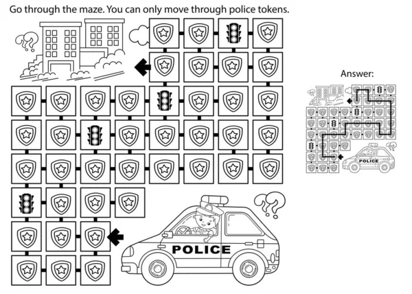Laberinto Juego Laberinto Puzzle Página Para Colorear Esquema Policía Dibujos — Vector de stock