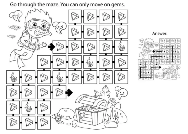 Labyrint Nebo Labyrint Puzzle Zbarvení Stránky Obrys Kreslený Chlapec Potápěč — Stockový vektor