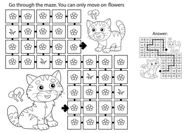 Мэйз Лабиринт Гейм Головоломка Очертания Мультяшного Кота Котенком Раскраска Детей — стоковый вектор