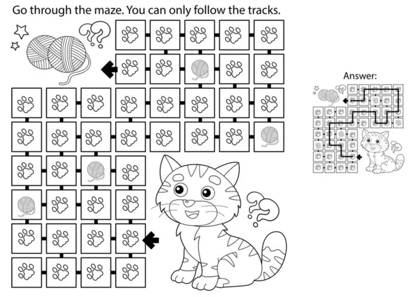 迷宫或迷宫游戏 毛绒绒毛绒绒的卡通猫 儿童彩色书 — 图库矢量图片