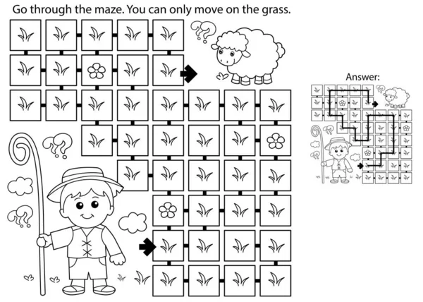 迷宫或迷宫游戏 用羊群给卡通画的牧羊人配色 农场动物 儿童彩色书 — 图库矢量图片