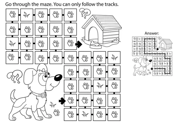 Labyrinth Oder Labyrinth Spiel Puzzle Malvorlage Umriss Des Zeichentrickhundes Mit — Stockvektor