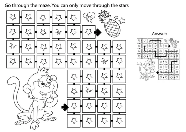 迷宫或迷宫游戏 用菠萝画的卡通人物小猴子 收集水果 儿童彩色书 — 图库矢量图片