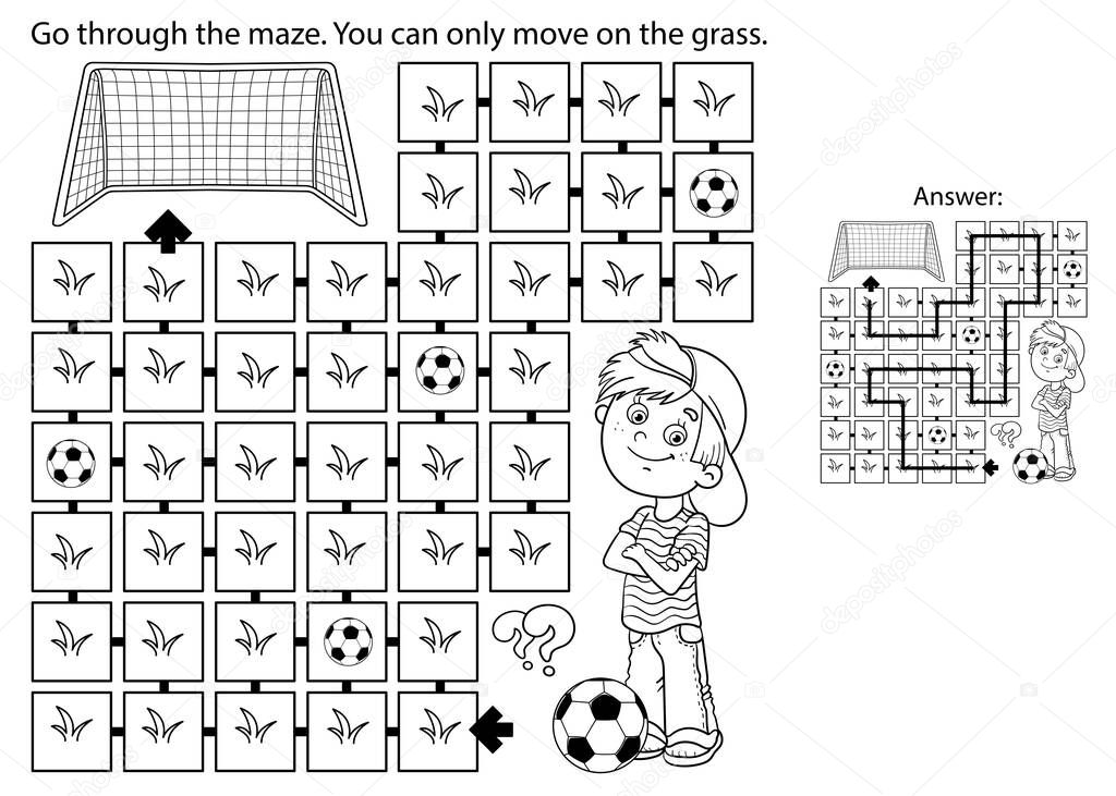 Maze or Labyrinth Game. Puzzle. Coloring Page Outline Of cartoon boy with soccer ball. Football. Sport activity. Coloring book for kids.