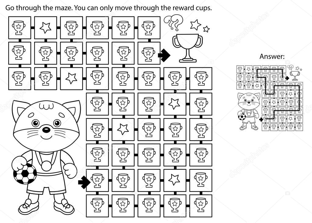 Maze or Labyrinth Game. Puzzle. Coloring Page Outline Of cartoon cat with soccer ball. Football. Sport activity. Coloring book for kids.