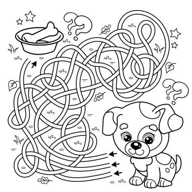 Labirent ya da Labirent Oyunu. Bulmaca. Karışık yol. Kemikli küçük bir köpeğin boyama sayfası. Yavru köpek. Çocuklar için boyama kitabı.