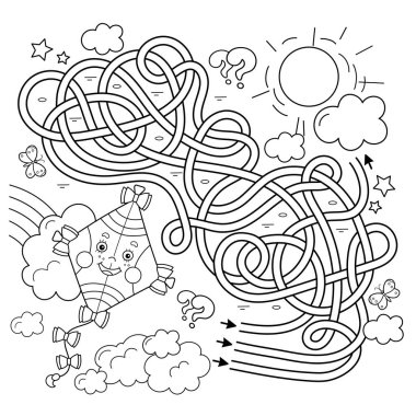 Labirent ya da Labirent Oyunu. Bulmaca. Karışık yol. Çizgi film çizgi filminin ana hatlarıyla gökyüzünde uçuşan uçurtma. Çocuklar için boyama kitabı.