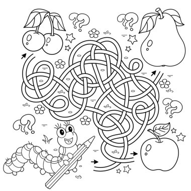 Labirent ya da Labirent Oyunu. Bulmaca. Karışık yol. Çizgi filmin ana hatlarıyla boyama sayfası meyveli tırtıllar. Çocuklar için boyama kitabı.