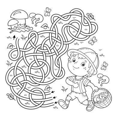 Labirent ya da Labirent Oyunu. Bulmaca. Karışık yol. Çizgi filmdeki sepetli eğlenceli çocuğun ana hatlarını boyamak. Küçük mantar toplayıcısı. Çocuklar için boyama kitabı.