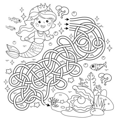 Labirent ya da Labirent Oyunu. Bulmaca. Karışık yol. Çizgi filmin rengarenk sayfası. Güzel küçük denizkızı. Deniz Prensesi. Su altı dünyası. Çocuklar için boyama kitabı.