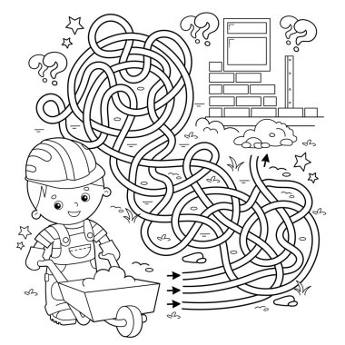 Labirent ya da Labirent Oyunu. Bulmaca. Karışık yol. Çizgi film yapımcısının el arabasıyla çizdiği boyama sayfası. İnşaat. Mesleğiniz. Çocuklar için boyama kitabı.