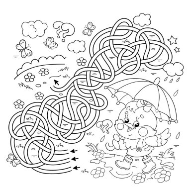 Labirent ya da Labirent Oyunu. Bulmaca. Karışık yol. Çizgi filmdeki küçük pilicin ya da yağmurda şemsiyeli tavuğun ana hatlarını boyamak. Çocuklar için boyama kitabı.