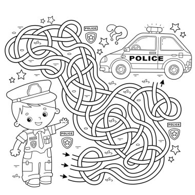 Maze or Labyrinth Game. Puzzle. Tangled road. Coloring Page Outline Of cartoon policeman with car. Profession - police. Coloring book for kids. clipart