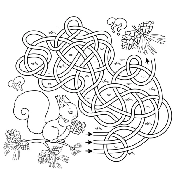 迷宫或迷宫游戏 交通堵塞 用冷杉圆锥画的卡通松鼠的颜色轮廓 儿童彩色书 — 图库矢量图片
