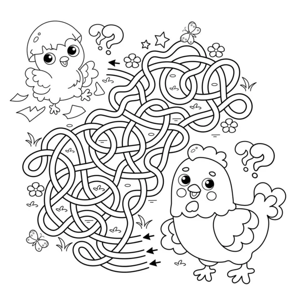 Labyrinthe Jeu Labyrinthe Puzzle Route Embrouillée Coloriage Aperçu Poulet Dessin — Image vectorielle