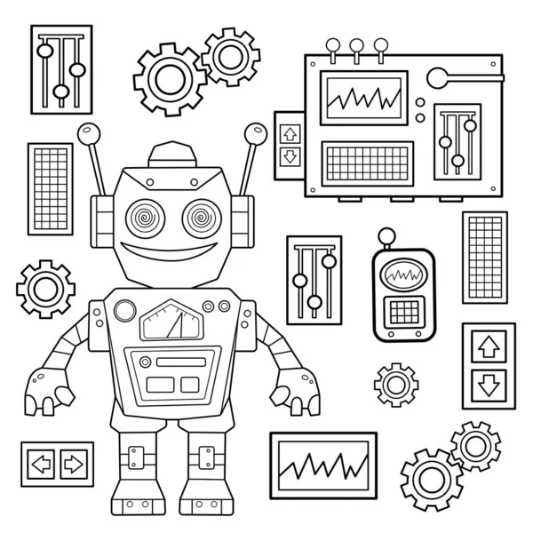 Kolorowanki Strona Zarys Kreskówki Robota Dla Dzieci Wektor Zestaw Mechanizmów — Wektor stockowy