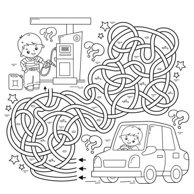 Labirent ya da Labirent Oyunu. Bulmaca. Karışık yol. Benzin istasyonunda şoförü olan çizgi film arabasının ana hatlarını boyamak. Taşıyıcı ya da araç. Çocuklar için boyama kitabı.