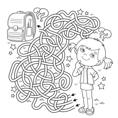 Labirent ya da Labirent Oyunu. Bulmaca. Karışık yol. Okul çantalı ya da çantalı çizgi film kızlarının ana hatları. 
