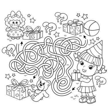 Labirent ya da Labirent Oyunu. Bulmaca. Karışık yol. Çizgi filmin ana hatlarını boyamak küçük bir kızın hediyeleri ve oyuncakları. Doğum günü. Çocuklar için boyama kitabı.