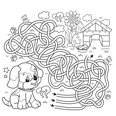 Labirent ya da Labirent Oyunu. Bulmaca. Karışık yol. Köpek kulübesi ya da köpek kulübesi olan çizgi filmlerin ana hatları. Çocuklar için boyama kitabı.